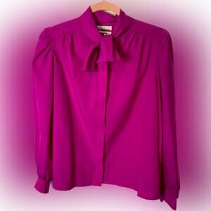 Vintage Judy Bond Blouse. Fuchsia color, bow, button down shirt.